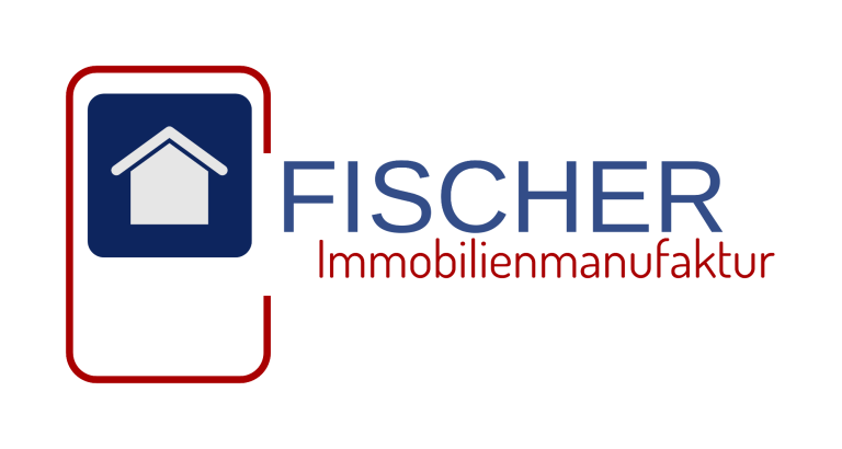 Unternehmenslogo Logo von Fischer Immobilienmanufaktur mit einem Haus-Symbol und blauem Schriftzug.